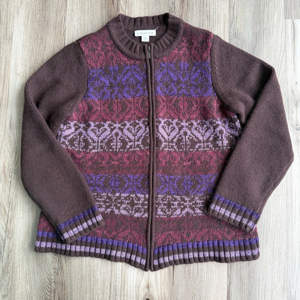 Vintage Coldwater Creek Women Brown Purple Full Zip Wool Cardigan L Fair Isle - Picture 1 of 7